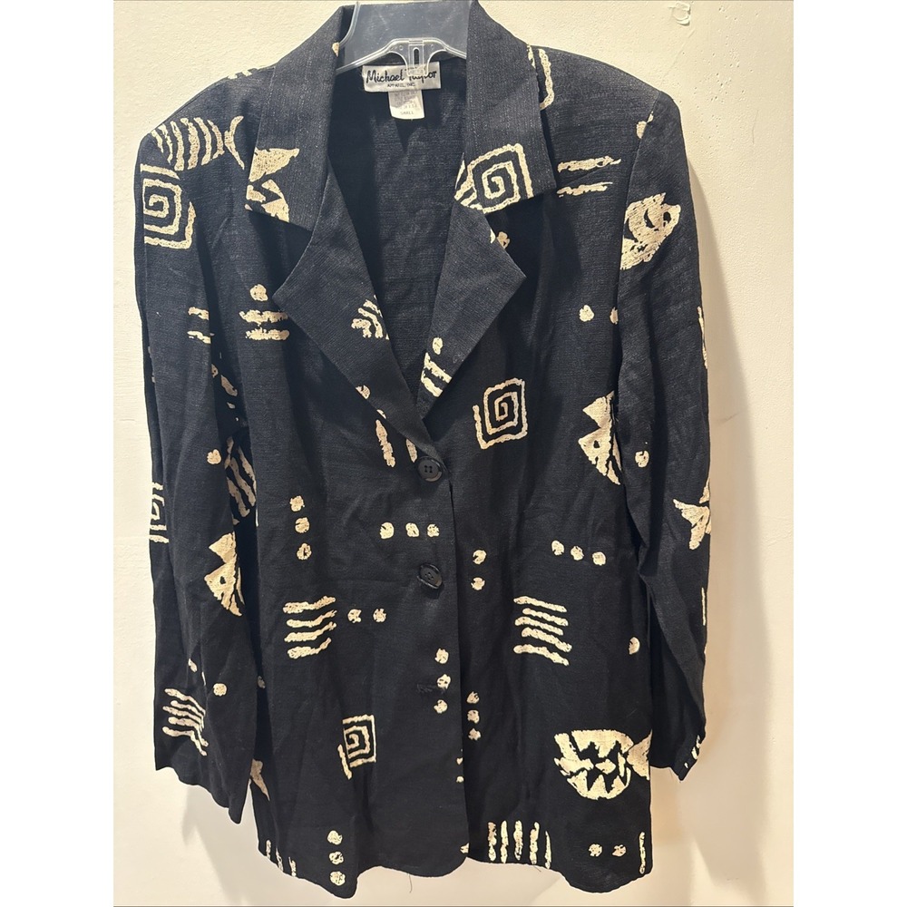 Michael Taylor Jacket sz Small Black With Graphic Print Rayon Blend button Front